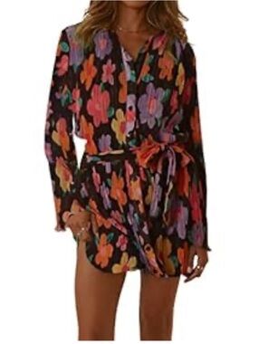 Floral Wrap Mini Dress in Black with Multicolor Blooms